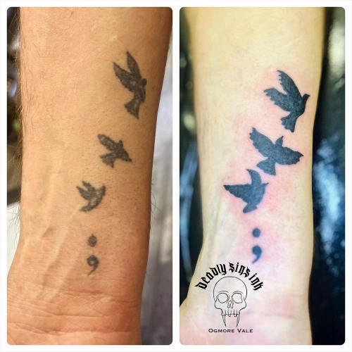 Resilience tattoo with semicolon and birds symbolizing hope and courage.