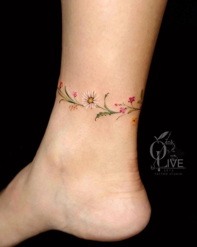 floral ankle bracelet tattoo